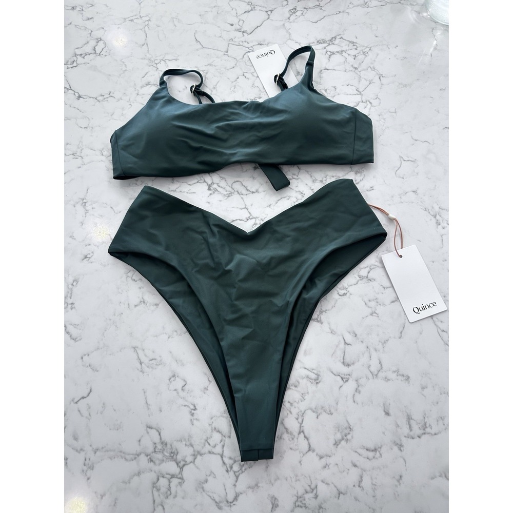 NWT Quince Palm Green Italian Scoop Neck Bikini Top & V Cut High Leg Bottom Med